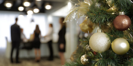 Decorated christmas tree with shimmering ornaments in foreground, blurring into an office setting where business people are collaborating and celebrating the festive holiday seasonの素材