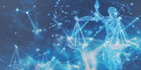 Lady justice figure, composed of glowing lines and points, holding scales on a background of a connected digital network, symbolizing the evolution of justice and law in the technology eraの素材