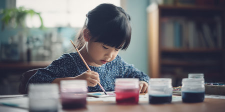 Young asian girl intensely focused while painting with watercolors, enjoying a creative hobby and developing her artistic skills at home during childhoodの素材