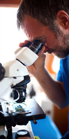 Scientist looking through a microscope, examining a sample for medical analysis or scientific research, focusing on discovery and developing new technologies in a laboratory settingの素材