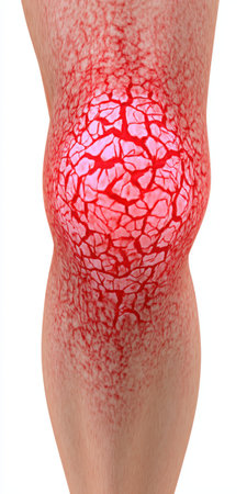 Human leg knee experiencing chronic pain and inflammation, with an abstract rendering of an injury or ailment on the patella, illustrating a medical problemの素材