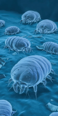 Dust mites, microscopic arachnids thriving in household environments, are a common trigger for allergies and asthma, often found on surfaces like skin or dust particlesの素材