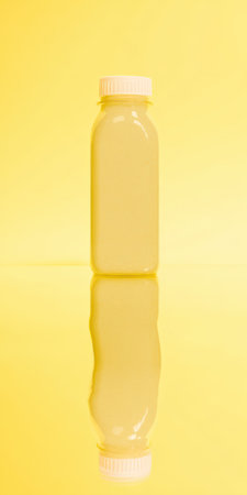 Yellow beverage bottle with light drink on reflective surface, minimalist monochrome studio shot conveying fresh, healthy, modern hydration and clean product brandingの素材
