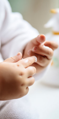 Baby's hands are gently touching, with a small dab of white moisturizing cream on a finger, indicating daily skincare and hydration for soft and sensitive skinの素材