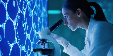 Female scientist wearing protective gloves and lab coat looking through a microscope, performing chemical research in a dark laboratory with blue glowing molecular structures on a screenの素材