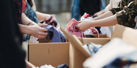 Volunteers sort donated clothing into cardboard boxes at a bright outdoor community drive, organizing apparel for redistribution and support to families in needの素材
