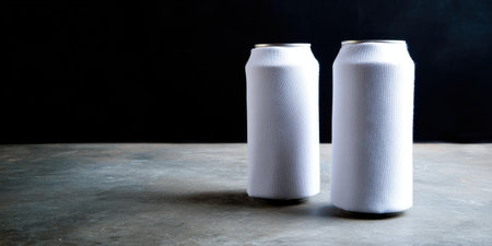 Two icy white blank aluminum beverage cans with condensation standing on a concrete table, offering a creative space for product design or branding mockups with a dark backgroundの素材