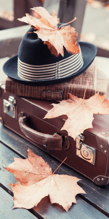 Antique brown suitcases with a stylish black fedora hat and dry maple leaves evoke nostalgia and the spirit of an autumn journey, suggesting adventure or seasonal holidaysの素材
