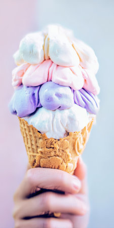 Person holding a colorful layered ice cream cone with pastel hues, offering a sweet and refreshing dessert perfect for a summertime treat or celebrationの素材