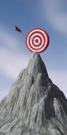 Red and white bullseye pierced by an arrow on a jagged mountain peak under a blue sky, symbolizing business success, ambition, overcoming challenges and reaching the summitの素材