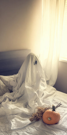 Person wearing a white sheet ghost costume with black eyes and white gloves sitting on a bed next to a small orange pumpkin and dried flowers, capturing a halloween moodの素材