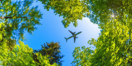 Airplane flying overhead against a clear blue sky, viewed from below through a frame of bright green tree canopies, symbolizing travel, ecology, and freedomの素材