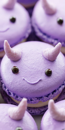 Purple macaron monster smiling with chocolate eyes and small pink horns, capturing a whimsical dessert concept suitable for halloween or children's themesの素材