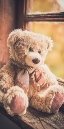Plush toy bear wearing a scarf sitting on a rustic wooden windowsill, looking outside during autumn, conceptually symbolizing childhood nostalgia and a feeling of solitudeの素材