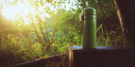 Green thermos standing on a wooden surface in a lush forest, with warm sunrise light filtering through the trees, evoking concepts of nature, outdoor recreation, travel, and tranquilityの素材