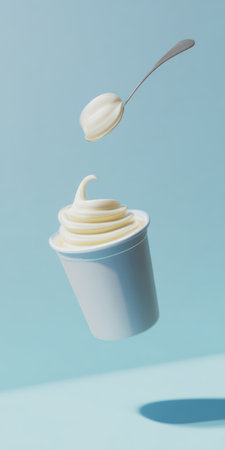 Frozen yogurt in a white cup levitating against a clean blue background with a spoon full of soft serve also floating above, creating a whimsical and minimalist sweet treat compositionの素材
