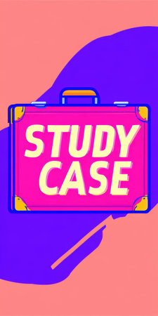 Pink briefcase with study case text represents key concepts of learning, education, business analysis, and developing knowledge in a vibrant pop art styleの素材