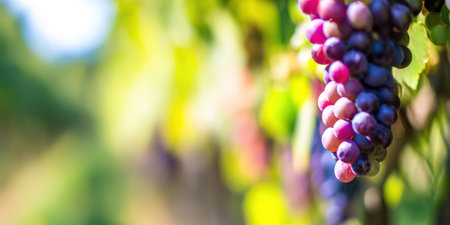 Ripe purple grapes hang from a vine in a sunny vineyard, basking in natural light, representing agricultural abundance, harvest season, and the winemaking processの素材