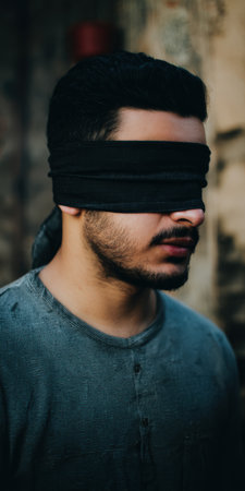 Young man with a black blindfold covering his eyes, symbolizing blindness, ignorance and deception, conveying vulnerability, concealment, uncertainty and hidden truthの素材