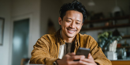 Happy asian man using smartphone, connecting with friends and family, browsing social media or apps, and enjoying digital content while relaxing in a domestic settingの素材
