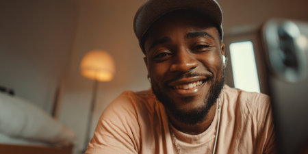 Happy black man with a beard and baseball cap smiling while having a video call or online conference, looking at the camera, wearing earphones indoorsの素材