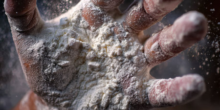 Hand covered in white flour, actively scattering the ingredient with a cooking motion, creating a dusty cloud and texture for baking and food preparationの素材