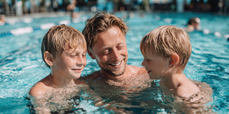 Father smiling and laughing with his two young sons in a bright blue pool on a sunny summer day, enjoying playful bonding, carefree fun and warm family memories togetherの素材