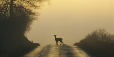 Deer silhouette standing on a quiet rural road during a foggy autumn morning, bathed in the soft golden light of sunrise, creating a serene and atmospheric nature scene with woodland wildlifeの素材