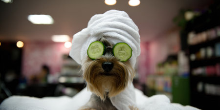 Yorkshire terrier dog relaxing at a pet spa with a white towel wrapped around its head and fresh cucumber slices covering its eyes, symbolizing pet wellness and pamperingの素材