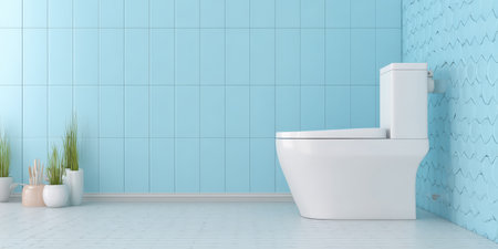 White toilet standing in a bright minimalist bathroom with light blue tiled walls and floor, creating a clean and tranquil atmosphere with decorative plantsの素材