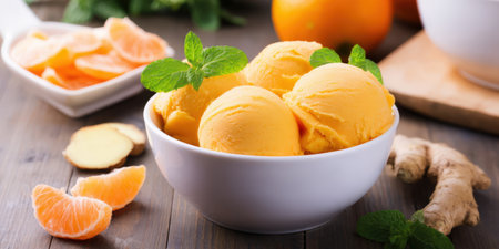 Orange ginger sorbet in a white bowl, garnished with fresh mint, resting on a rustic wooden table with mandarin segments and ginger root for a refreshing summer treatの素材