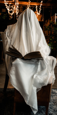 Ghost figure created with white sheet sitting on a chair, holding an open antique book, creating a spooky and mysterious atmosphere with string lights in the backgroundの素材