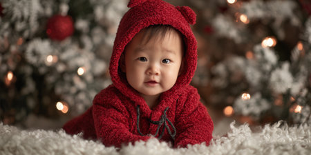 Baby wearing a cozy red teddy bear hoodie, lying on a white fluffy rug, celebrating christmas in a warm, festive setting with sparkling lights and snowy christmas tree decorの素材
