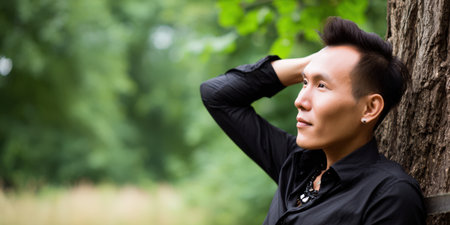 Asian man leaning against a tree, smiling gently while looking away, enjoying a peaceful moment of contemplation and relaxation in a sunlit summer park or forest settingの素材