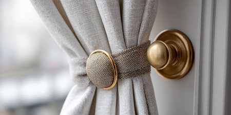 Linen blend curtain gathered by a stylish brass and woven textile tieback holder, accentuating window decor and adding a touch of sophisticated detail to a modern interior designの素材