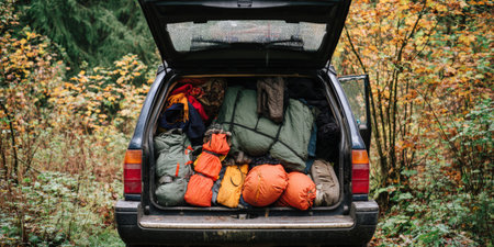 Car trunk packed with backpacks, sleeping bags and outdoor gear, ready for an autumn camping trip or road journey through forest trails and vibrant fall foliageの素材