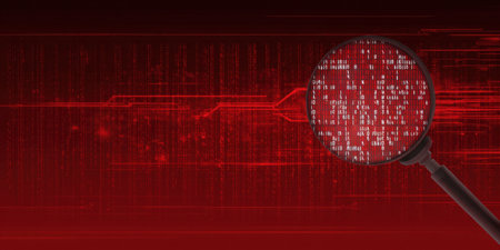 Magnifying glass highlighting abstract binary code and data streaming on a dark red technological background, symbolizing digital security inspection and cyber threat detectionの素材
