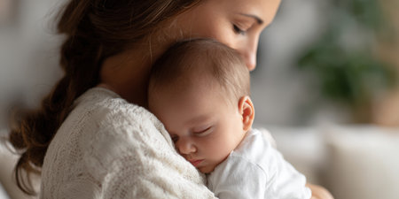 Caring parent cradling a newborn against her shoulder as the baby sleeps peacefully, capturing motherhood, tender bonding, protection and quiet family intimacy in a warm home settingの素材