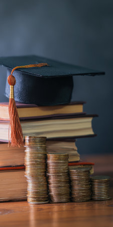 Graduation cap sitting on a stack of academic books, with increasing stacks of coins on a wooden desk, symbolizing rising education costs and financial investment in learningの素材
