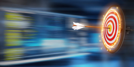 Arrow hitting the bullseye of a glowing target, symbolizing achieving business goals, marketing success, and precise data analysis against a fast-moving abstract digital backgroundの素材