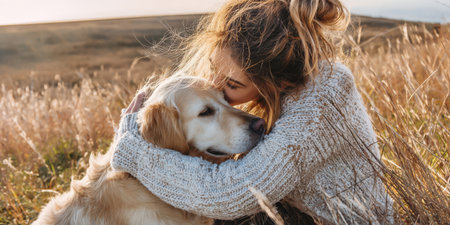 Woman hugging golden retriever in sunlit meadow, expressing warm affection and strong bond between owner and pet during golden hour, joy and companionship outdoorsの素材