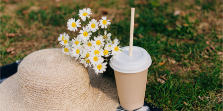 Straw hat, a bouquet of daisies, and a biodegradable coffee cup with a straw resting on a picnic blanket, capturing a moment of relaxed outdoor summer leisureの素材