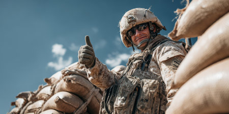 Military soldier in camouflage and helmet smiles, gives confident thumbs-up beside sandbags under a blue sky, symbolizing approval, readiness and frontline successの素材