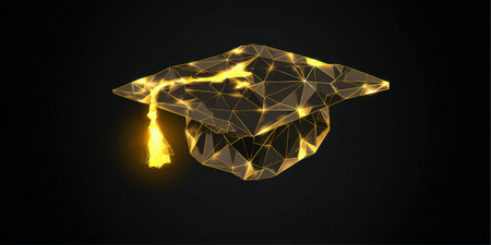 Low poly graduation cap formed from glowing wireframe lines, symbolizing digital education, e-learning and futuristic connections between knowledge, technology and successの素材