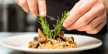 Chef hands carefully garnishing a plate of creamy mushroom risotto with fresh green rosemary sprigs, elevating the dish's flavor and presentation to a gourmet level in a professional kitchen settingの素材