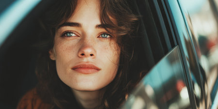 Young woman with blue eyes and freckles gazing thoughtfully out of a car window, pensive and daydreaming during a relaxed road trip, soft natural light on her faceの素材