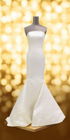 Mannequin displaying a strapless white wedding gown featuring a mermaid silhouette. Highlighting bridal fashion concepts against a sparkling golden bokeh background for elegance and celebration themesの素材