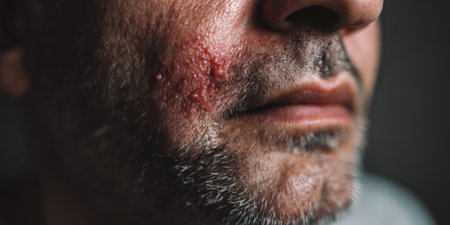 Man presenting an inflamed skin rash with pustules on his cheek and chin, indicating a potential dermatological condition like rosacea, acne, or allergic reaction needing medical attentionの素材
