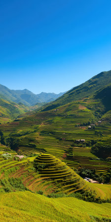 Expansive agricultural rice terraces creating a patterned landscape across rolling hills and valleys in the scenic mountainous region of northern vietnam, cultivating rice under a bright blue skyの素材
