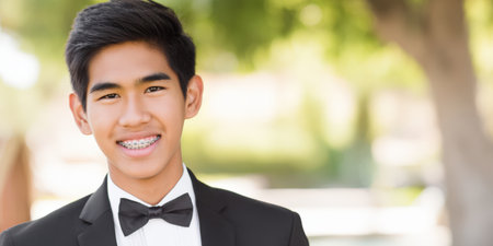 Young asian man wearing a black tuxedo, bow tie, and braces, smiling while looking at the camera outdoors, portraying concepts of celebration, youth, and achievementの素材